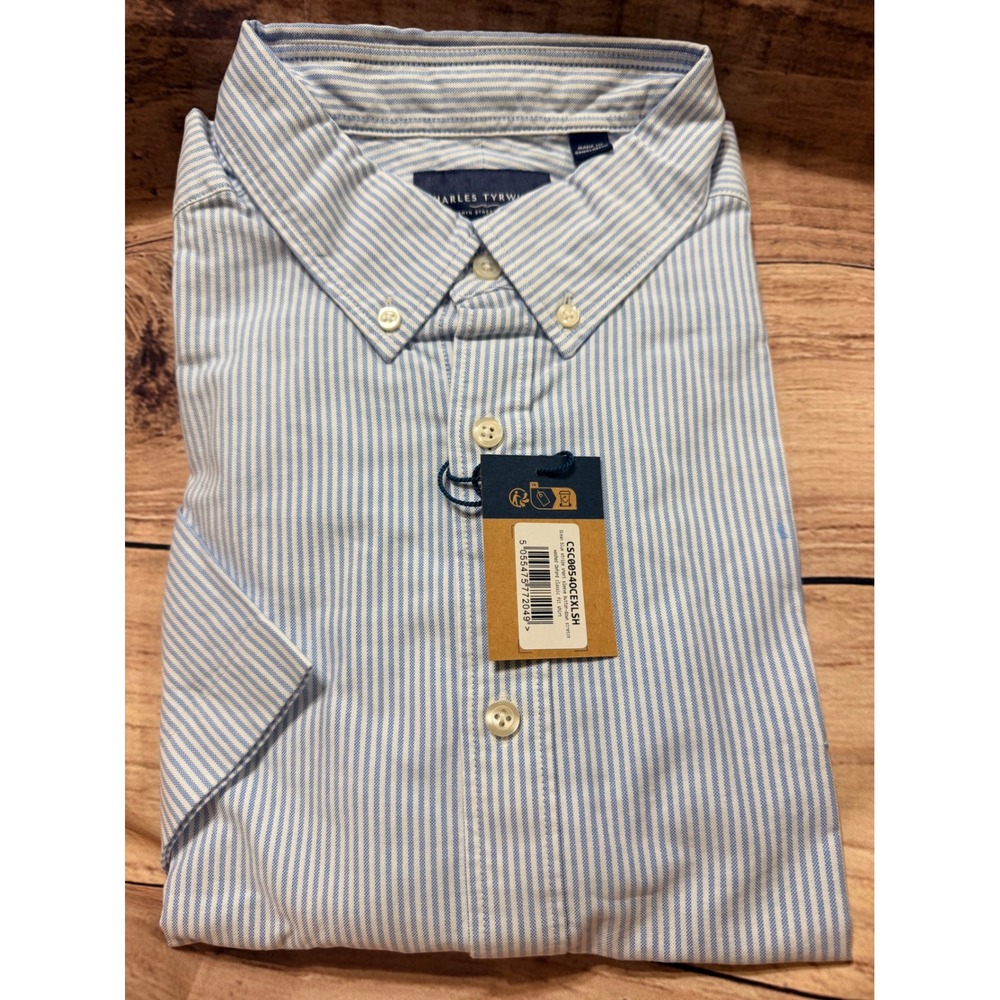 Charles Tyrwhitt Mens XL Ocean Blue Stripe Short Sleeve Oxford Shirt CSC00540CE